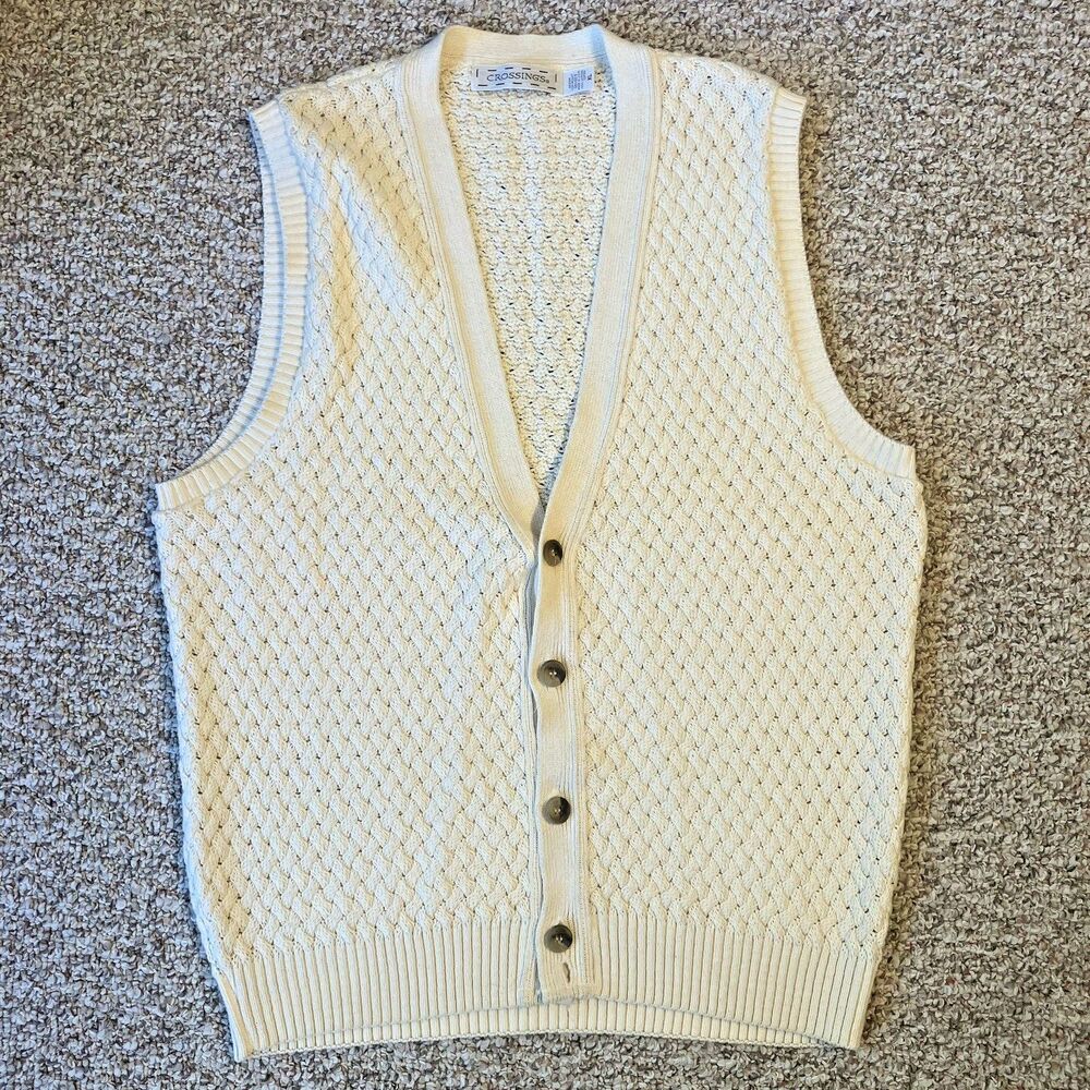 Vintage Crossings Mens Sweater Vest Size XL Crossweave Cream Academia Mr. Rogers